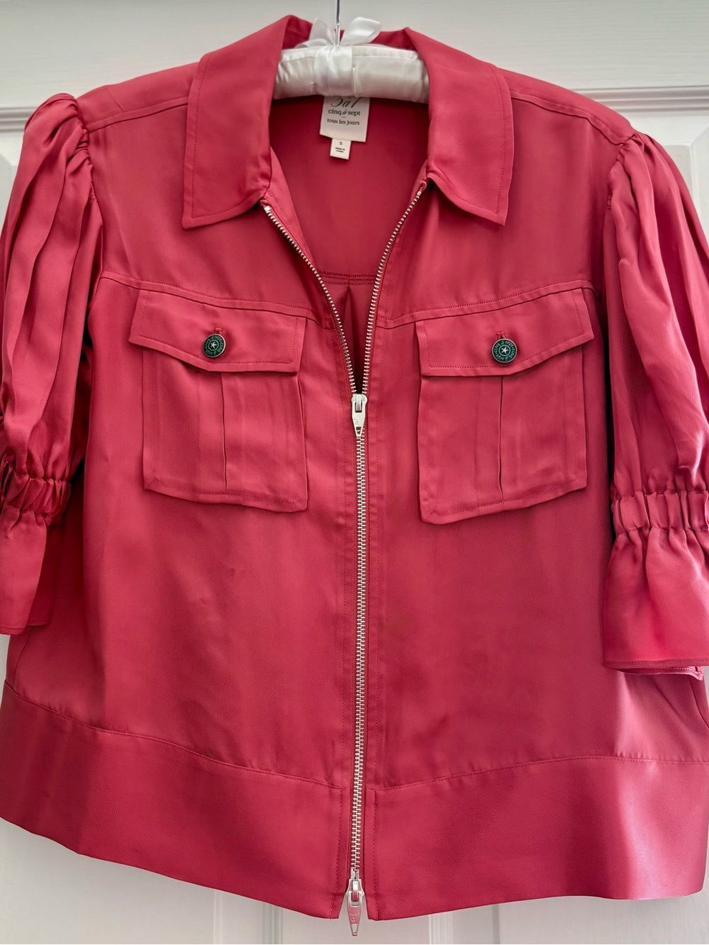 cinq a sept Satin Zip-Front Utility Jacket in Deep Rose - Picture 3 of 4